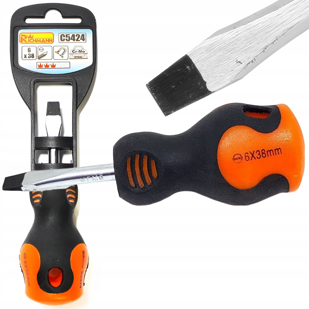 PŁASKI WKRĘTAK ŚRUBOKRĘT KRÓTKI 6x38mm MAGNETYCZNY SOLIDNY RICHMANN C5424