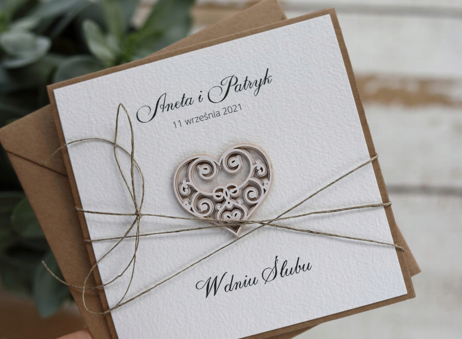 Rustikální svatební přání ručně vyráběné srdce Ane