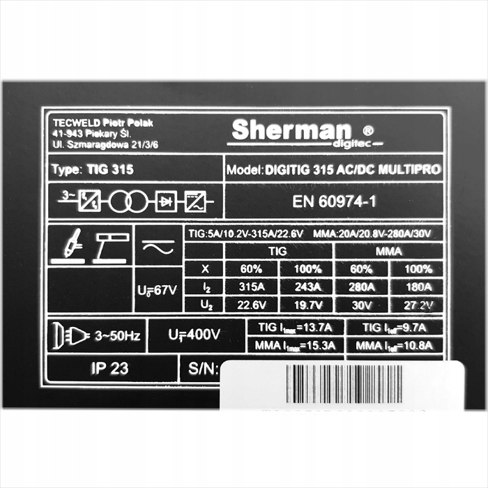 SPAWARKA SHERMAN DIGITIG 315 AC/DC MULTIPRO TIG Model 315