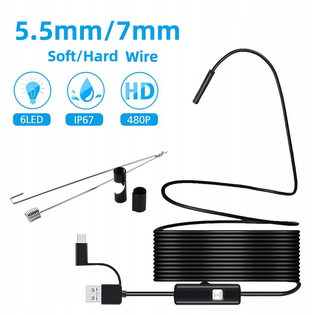 3-in-1 480P 6LED Android Endoscope Camera 5.5/7mm Diameter Hard