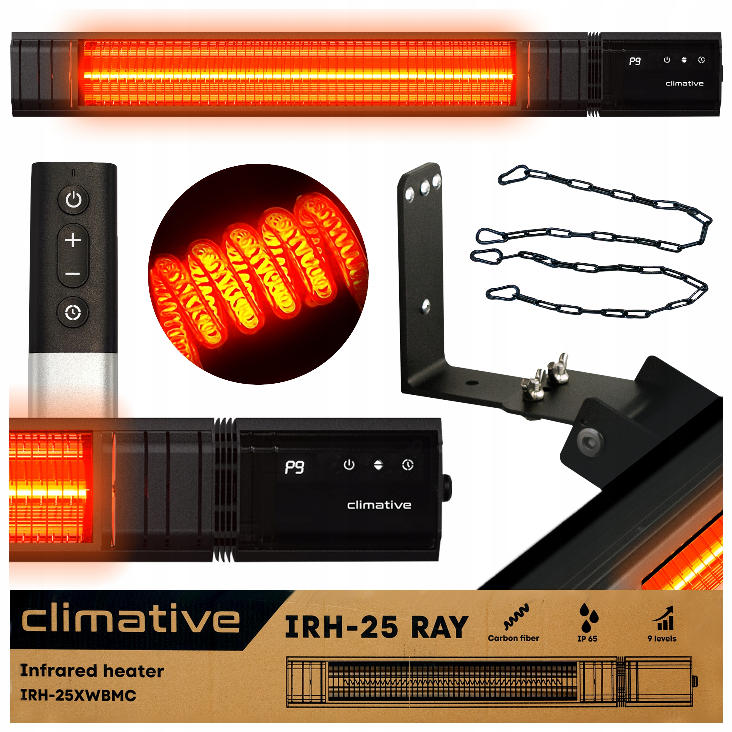 Promiennik podczerwieni ciepła 9 poziomów pilot 2,5kW timer Ray Ir tarasowy