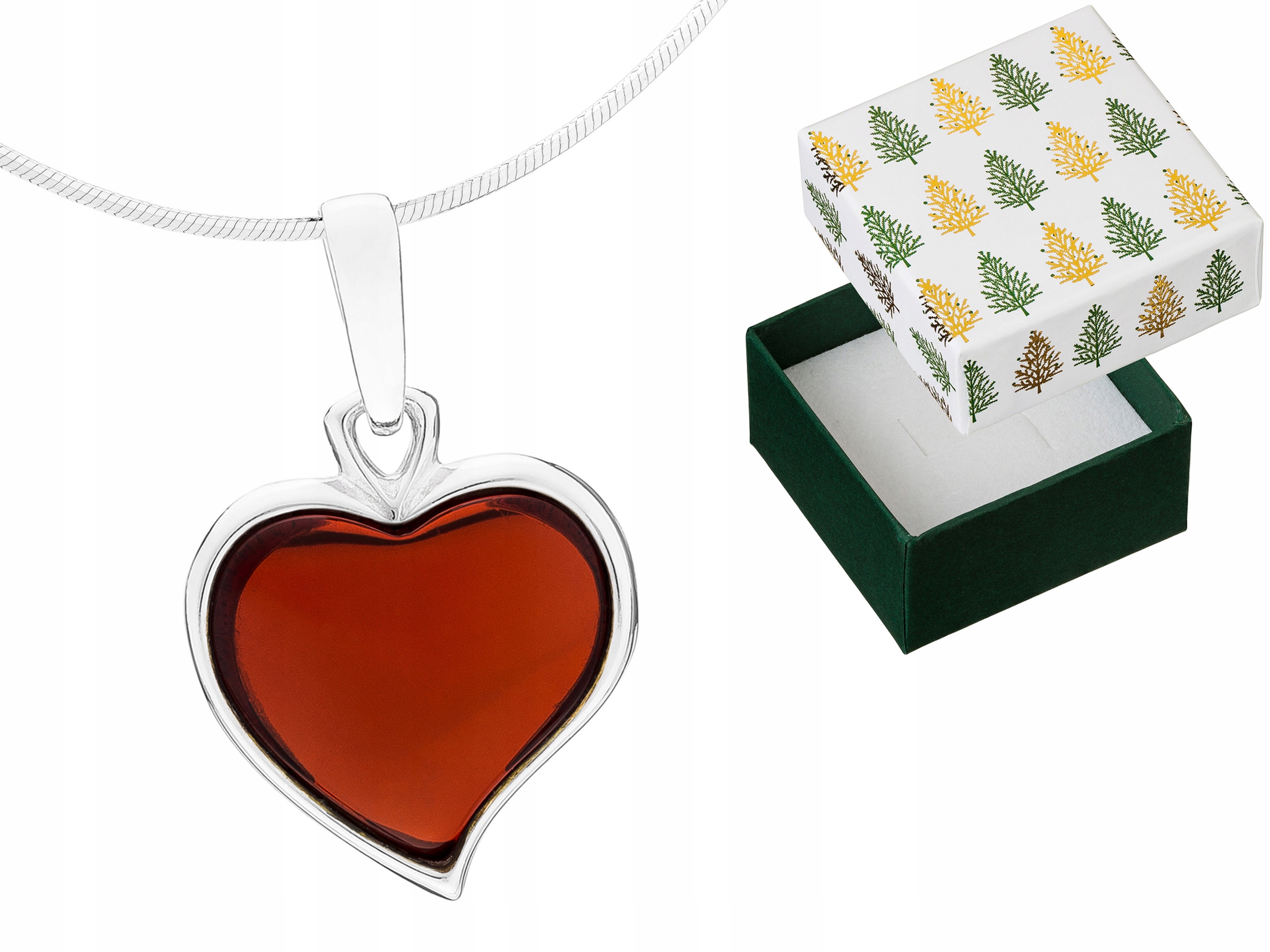 Stříbrný náhrdelník 925 Přívěsek Srdce Přívěsek s jantarem Řetízek 90 cm