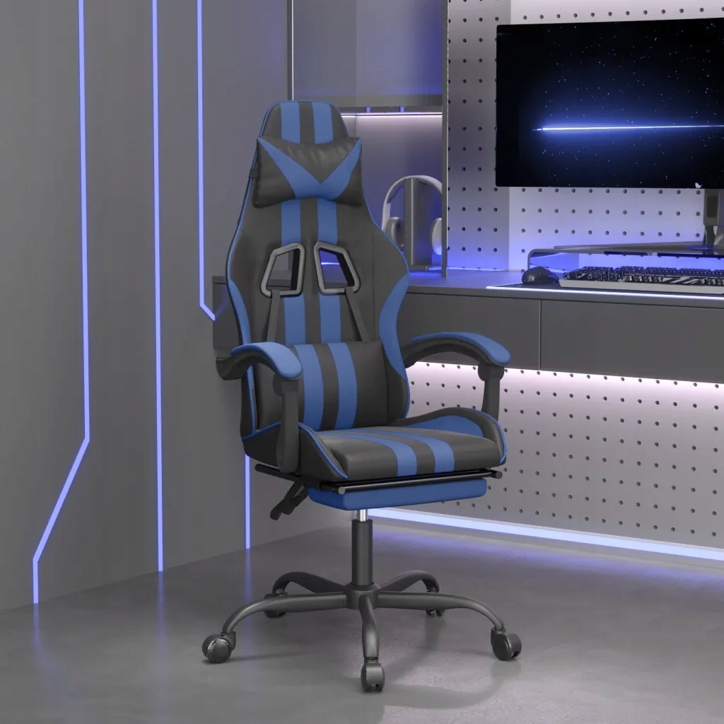 vidaXL Fotel gamingowy z podnóżkiem, czarno-niebieski, sztuczna skóra