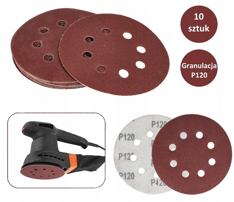 Papier Ścierny 125 Krążki Na Rzep Samoprzylepne Z Otworami P100 10 Sztuk