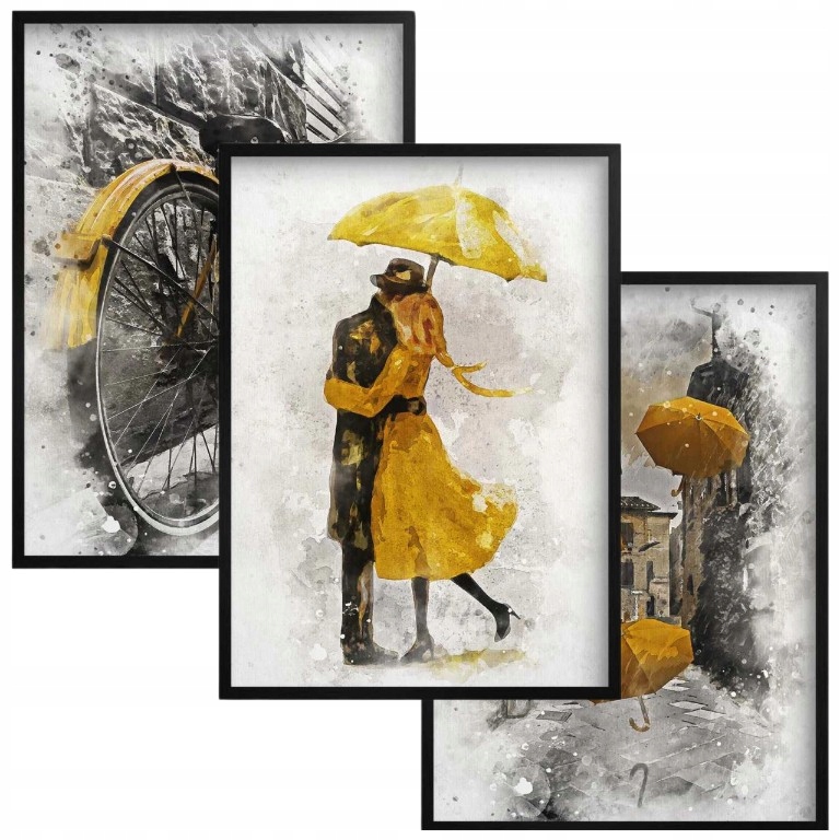 Obrazy na zeď Plakáty v černém rámu Žlutá sada Triptych do ložnice