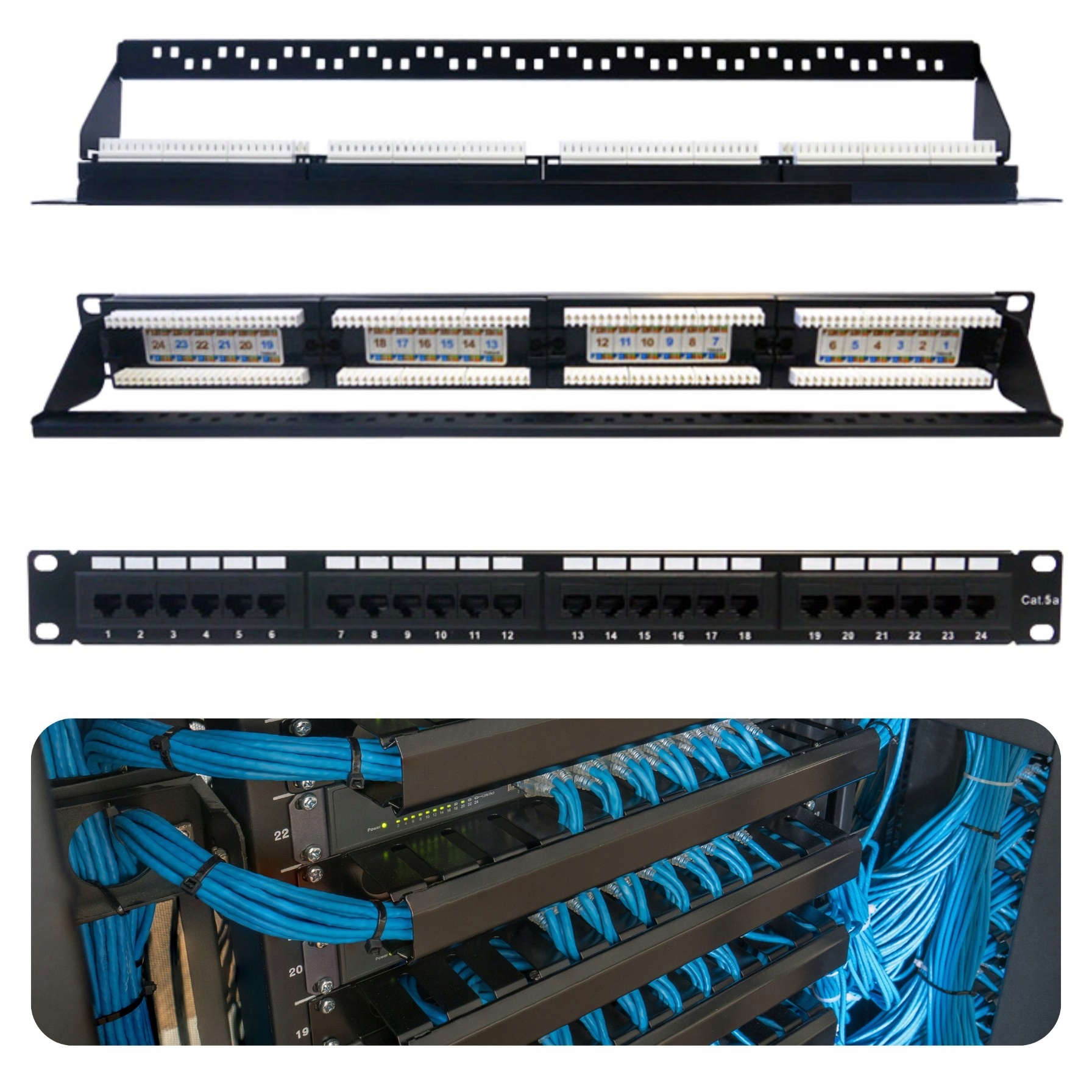 Patch panel półka Cmr do szaf Rack 19" 1U 24 portowy skrętka RJ45 Utp kat.5