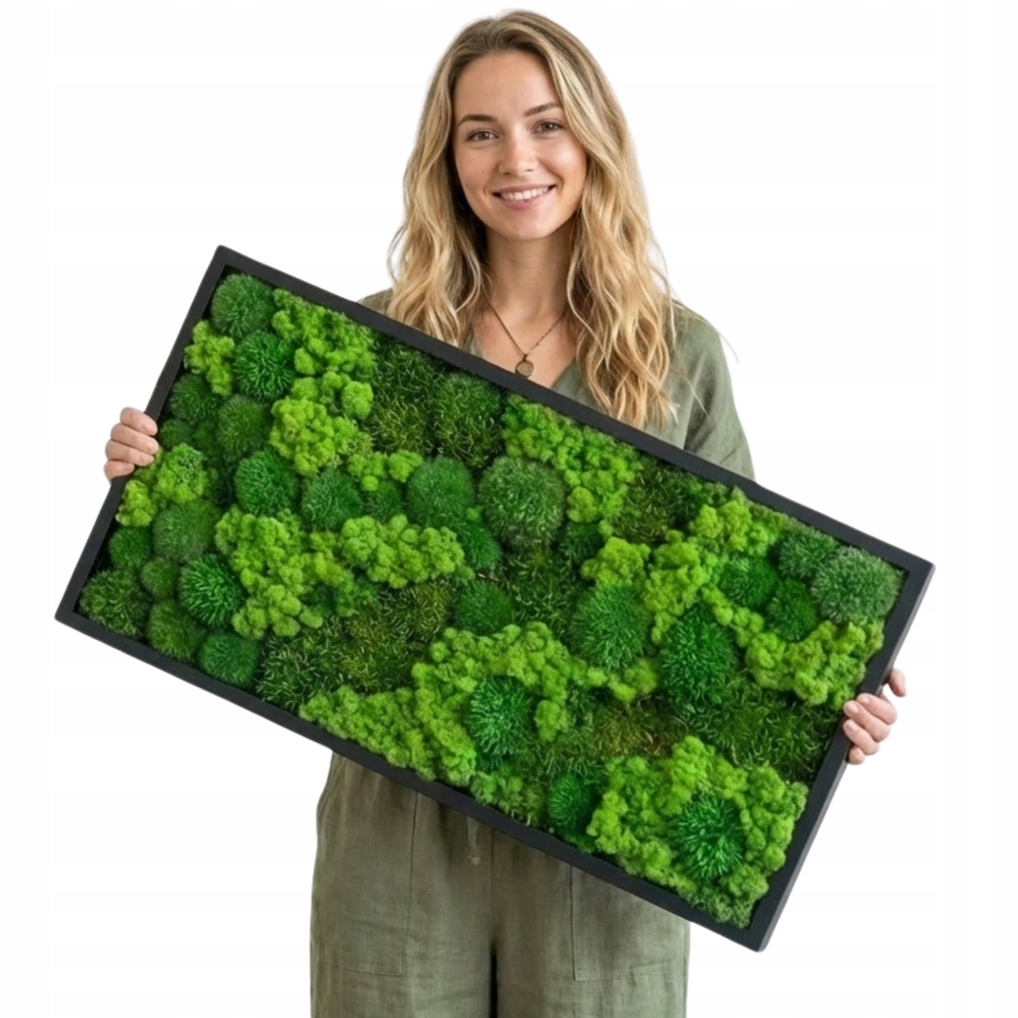 Obraz z mechu v dřevěném rámu, mech Chrobotek Polštářový Plochý 100x50 cm