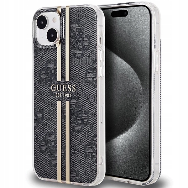 Pouzdro Guess IML 4G Gold Stripe case kryt pro iPhone 15 Plus 14 Plus, černé