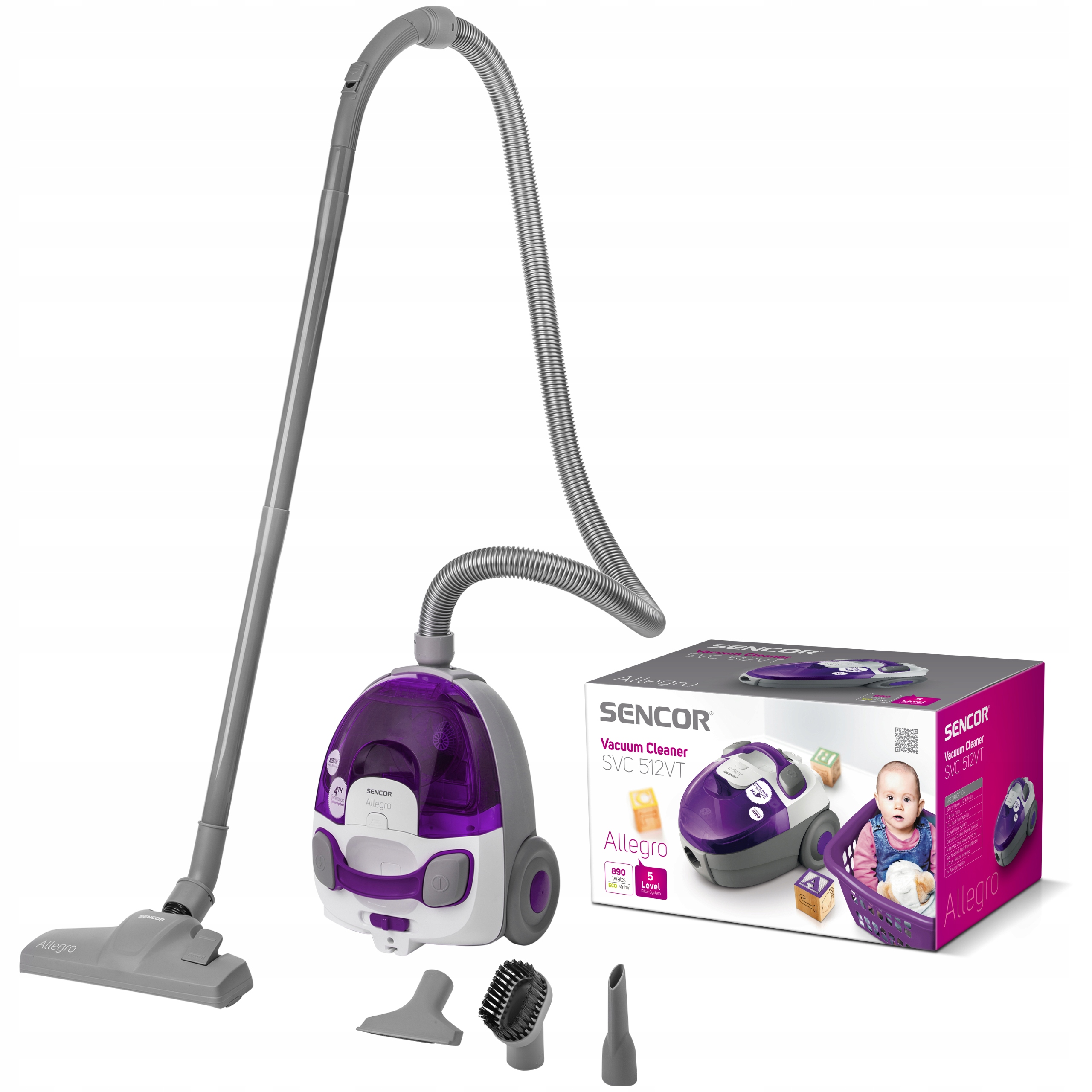 Mocny odkurzacz bezworkowy 890W Hepa H10 1,5L fiolet Sencor Svc 512VT-EUE2