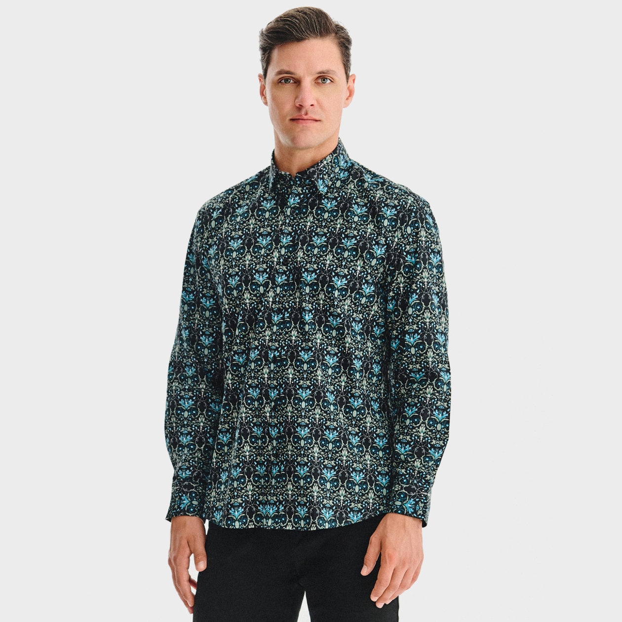 Černá pánská košile s motivem tyrkysových květů Pako Lorente vel 3XL