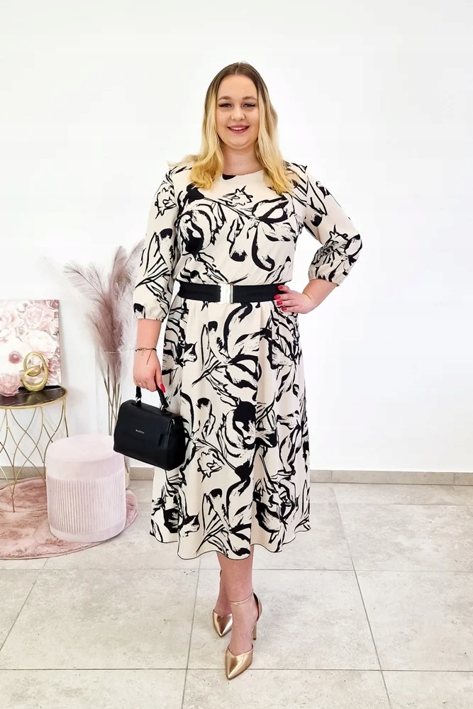 Béžovo-černá Elegantní Šaty s květinami a páskem Maxi 44