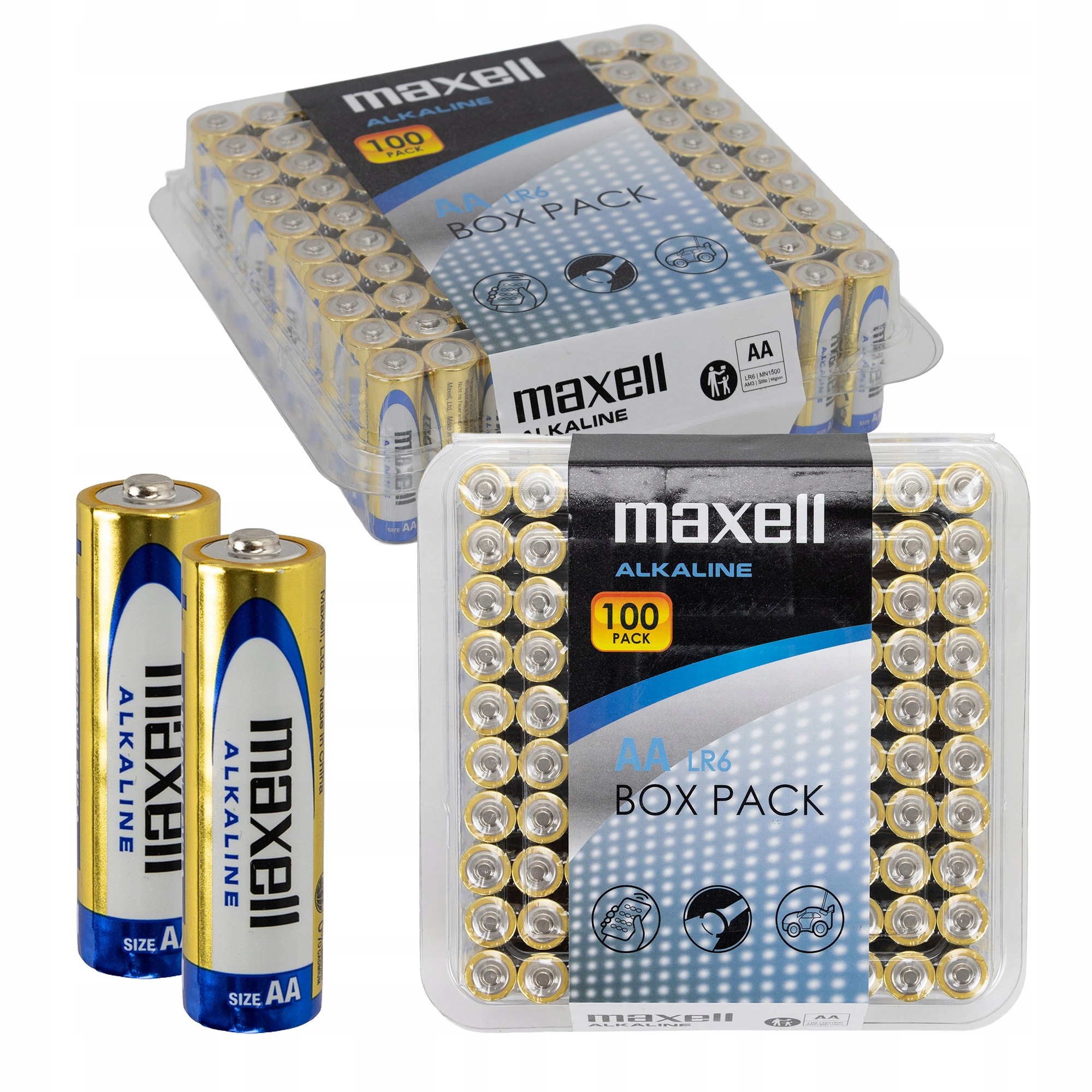 Alkalické baterie Maxell LR6 velké, silné tužkové baterie Aa box 100 kusů