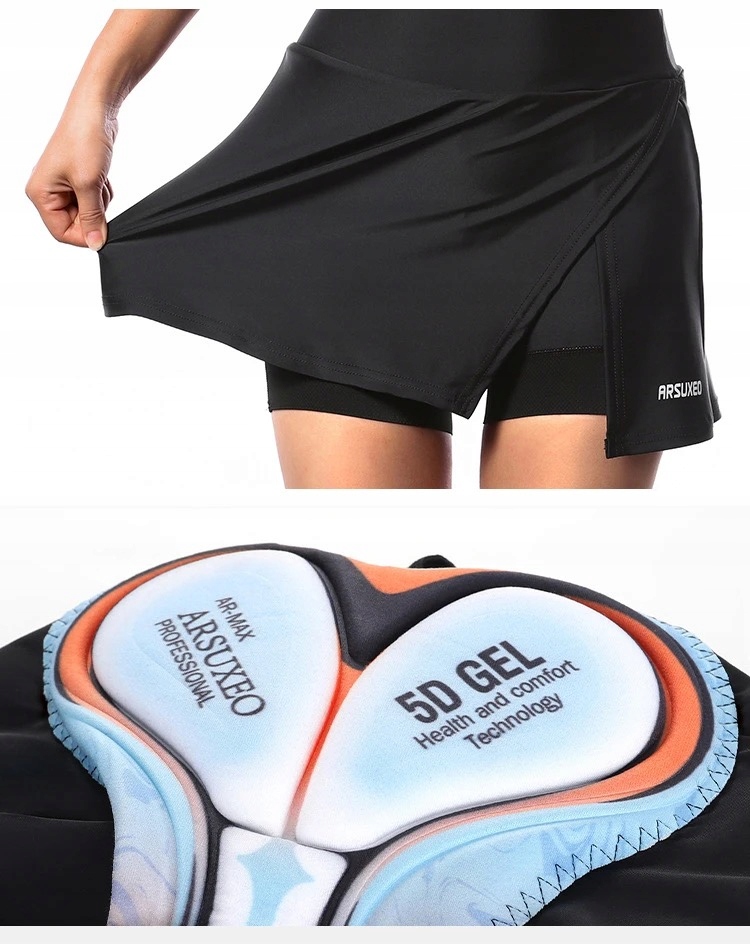 SPÓDNICZKA SPORTOWA DAMSKA SPODENKI ROWEROWE Z WKŁADKĄ ŻELOWĄ ARSUXEO 5D XL Kolor czarny