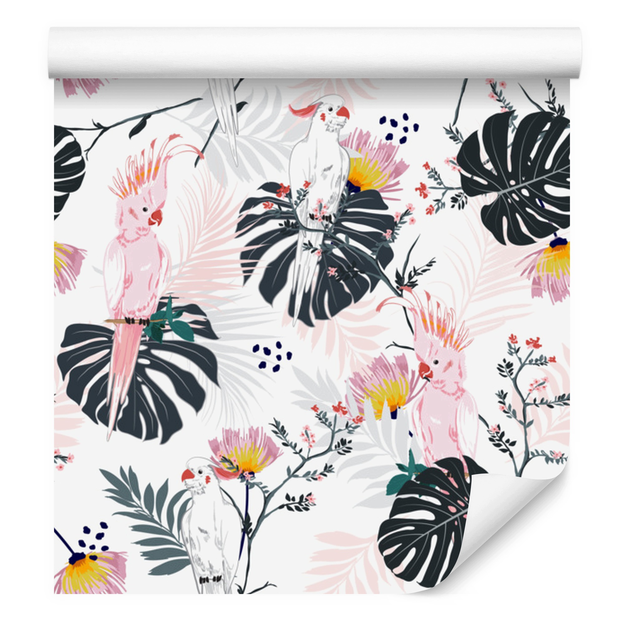 Tapeta Papoušci a tropické listy a květiny do obývacího pokoje a ložnice 50 x 1000 cm