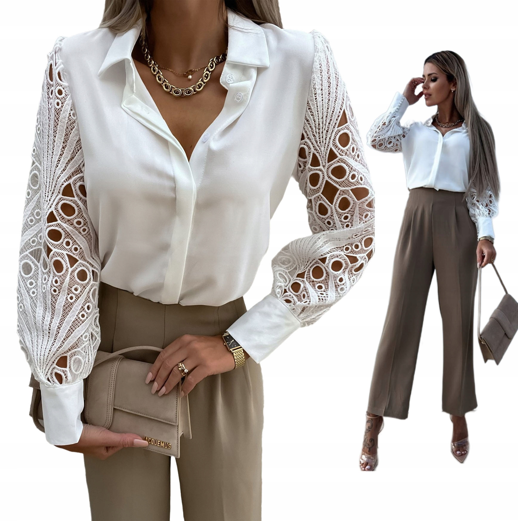 MODNA BLUZKA DAMSKA ELEGANCKA KOSZULA KORONKOWA GUZIKI OZDOBNE RĘKAWY BIAŁA