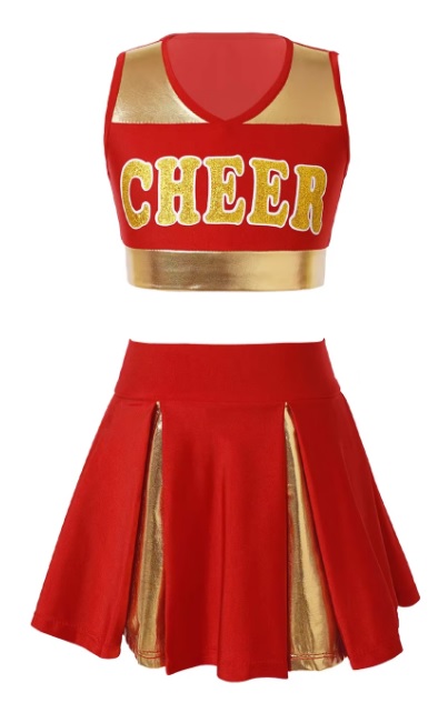 Kostým Roztleskávačky Šaty Sada Top Sukně Zlatá Červená 146/152