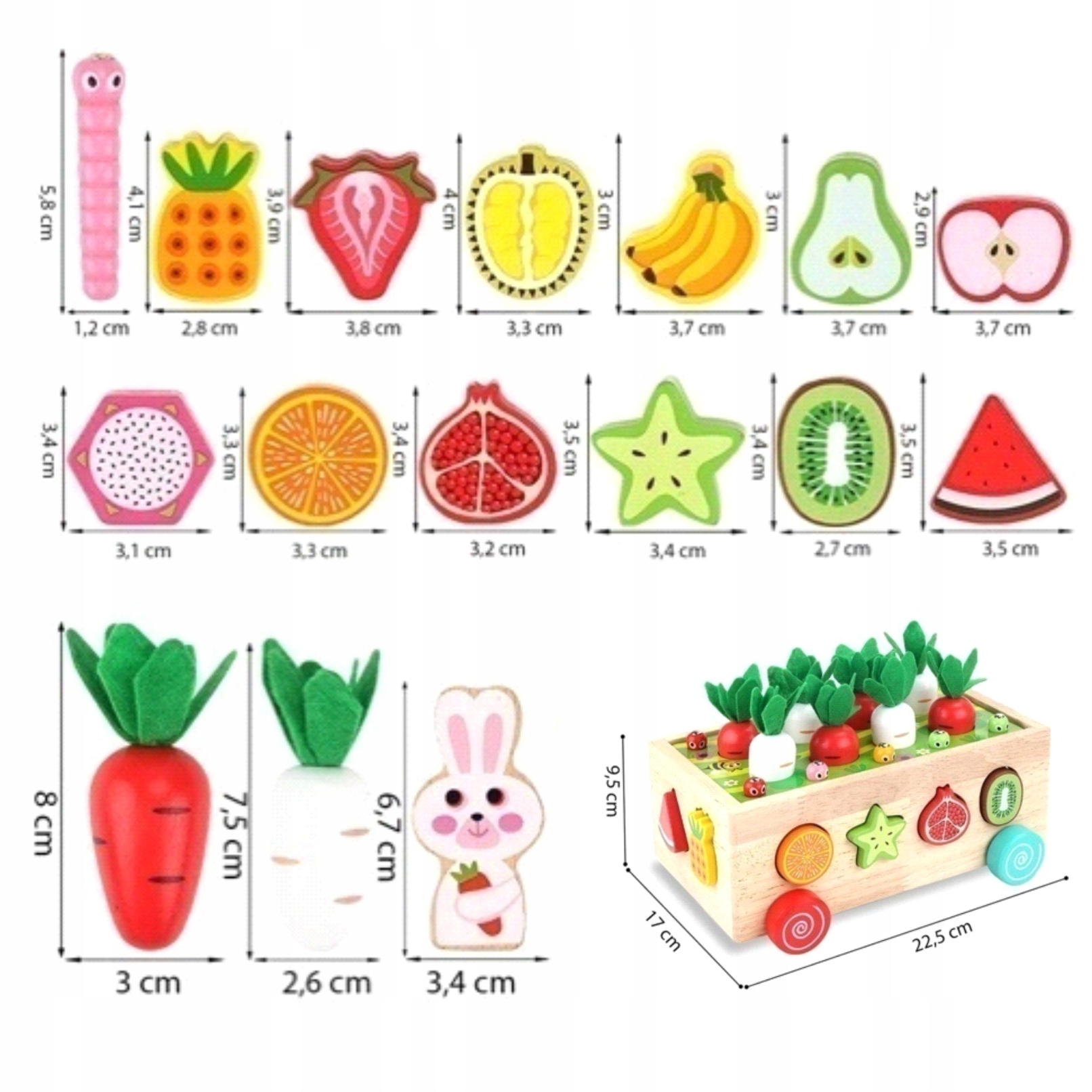 MONTESSORI drewniany zestaw ZŁAP ROBACZKA sorter klocków AUTO układanka XXL Materiał drewno