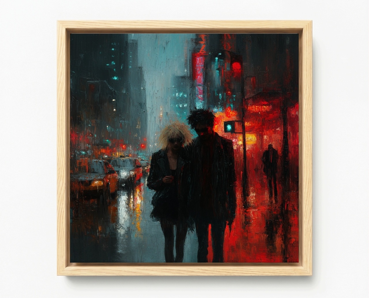 Obraz Rám Americký Box Město Ulice Déšť Pár Noc Punk Neon Noir 50x50