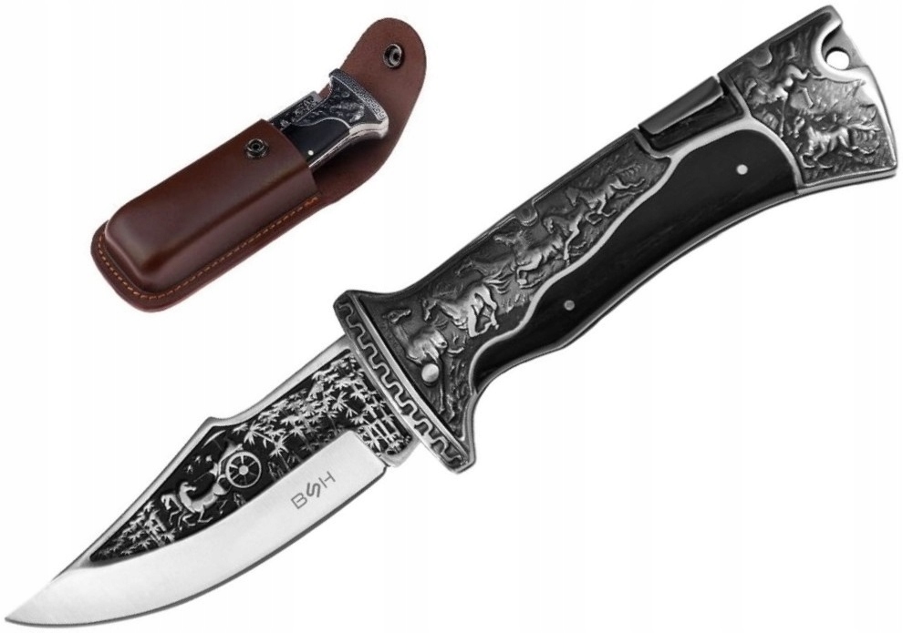 Nůž Bsh Clip Point 440 Skládací dřevěný gravírovací nůž z kůže N064DPS