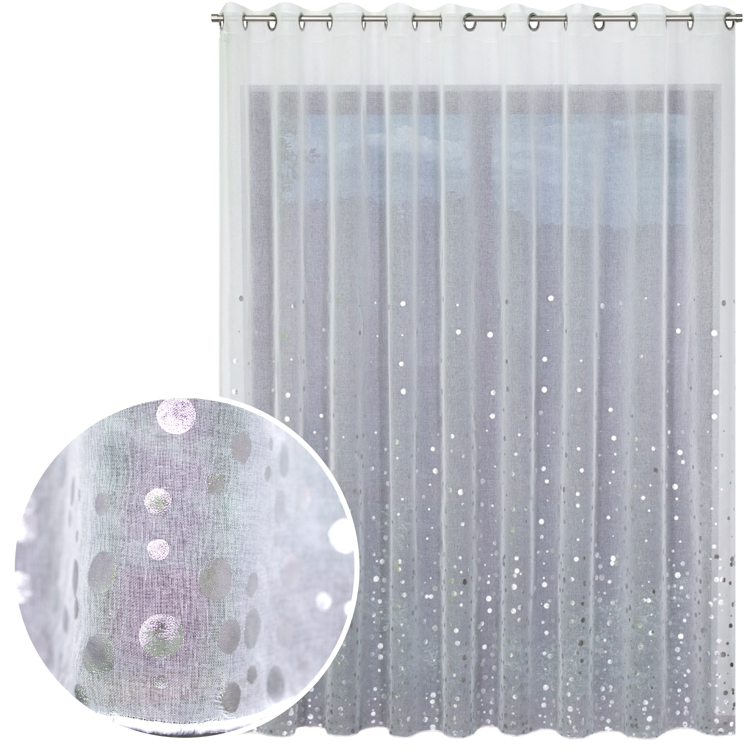 Hotová záclona s olověnkou a etaminem, stříbrné tečky na průchodkách, 200 x 280 cm