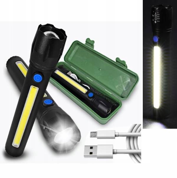 Latarka taktyczna Led aluminiowa zoom XML Cob akumulator Usb +pudełko BLC73