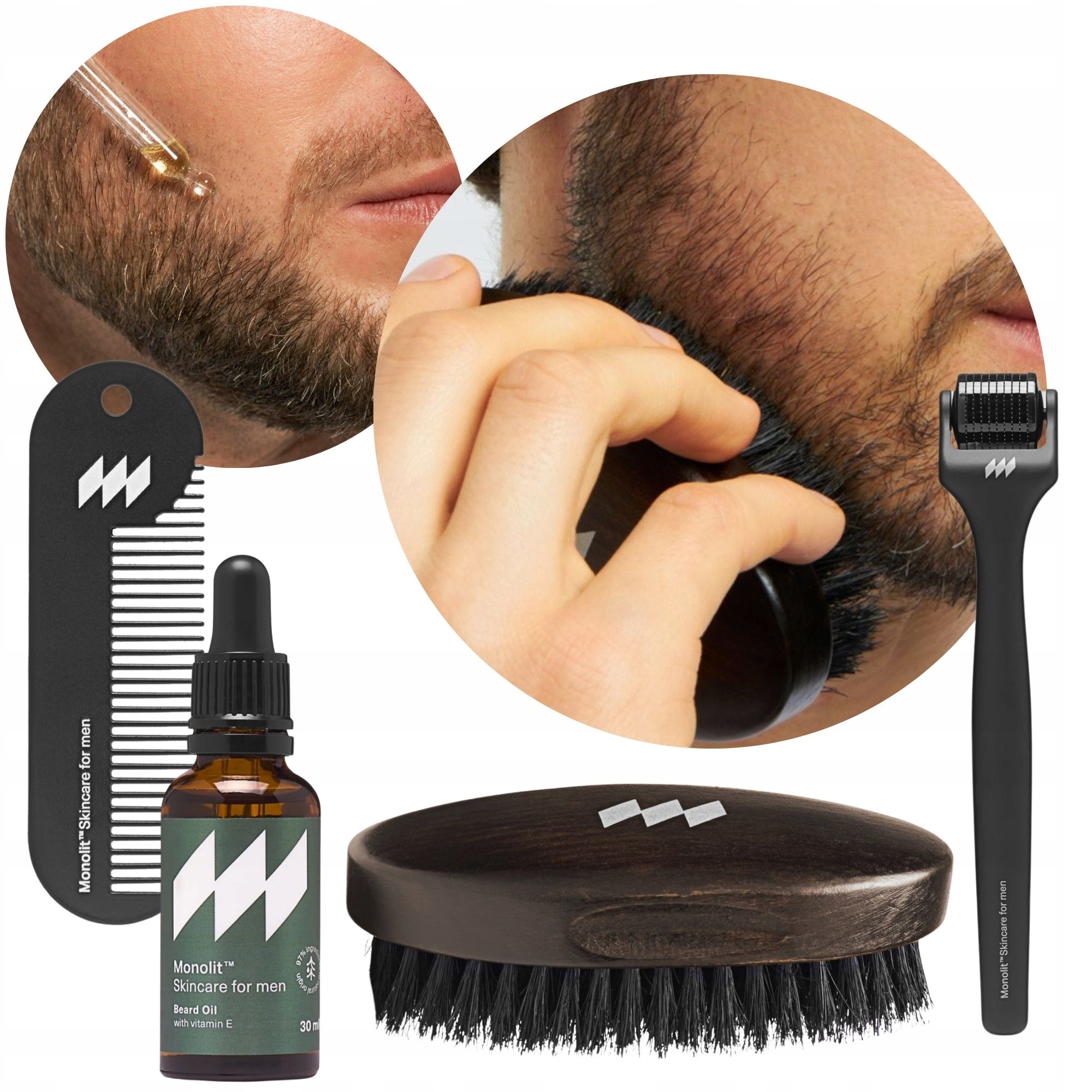 Dárková sada pro péči o vousy Monolit Dárková sada hřeben, kartáč, olej, váleček