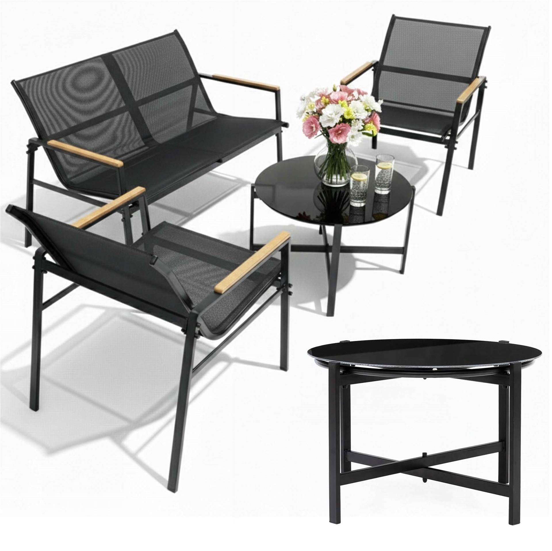 Sada Záhradného Nábytku Stolík Stoličky Pohovka Lavička Komplet Čierne Kovové
