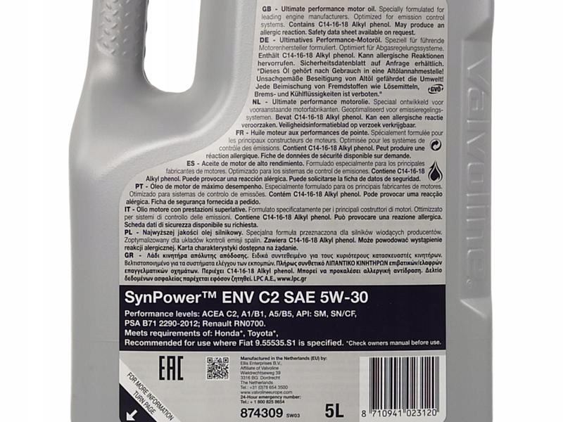 VALVOLINE SYNPOWER ENV C2 5W30 PSA B71 FIAT 10L Rodzaj syntetyczne