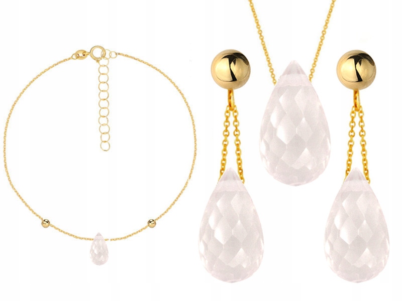 Zlatý komplet šperků 585 růžová kapka z přírodního křemene, slza 14kt