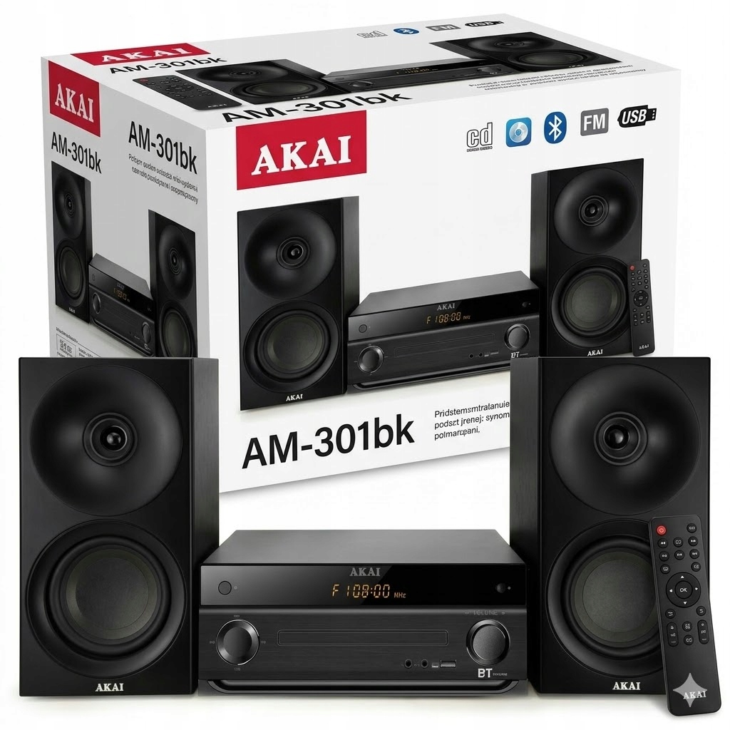 Micro Věž Bluetooth Audio Hi-fi 40W Usb CD Fm Rádio Akai AM-301BK Dálkové Ovládání