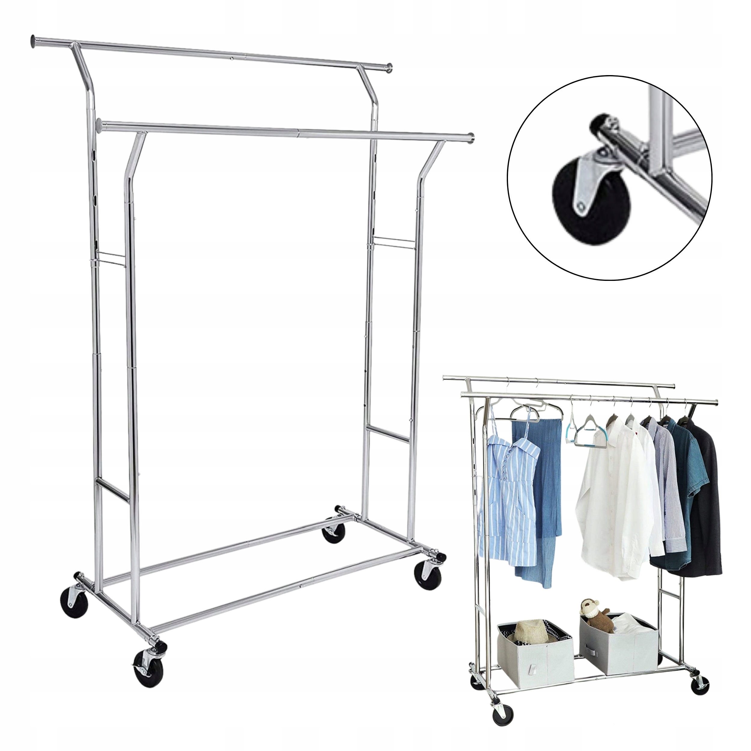 Vešiak Na Oblečenie Stojan Kovový Polica Veľký Dvojitý Strieborný Loft