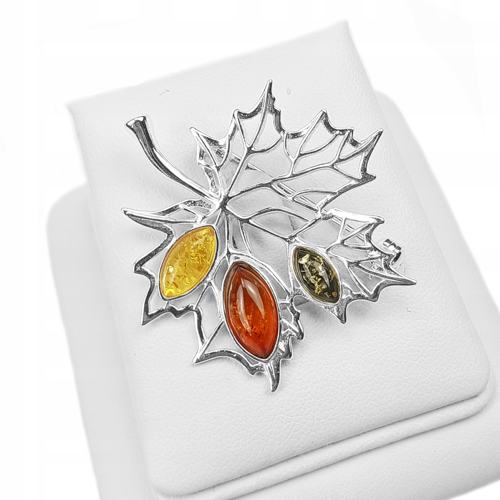 Listek Javoru stříbrná brož List z přírodního baltský jantar Ze Stříbra