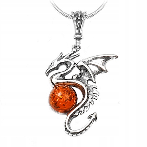 Stříbrný Přívěsek drak s přírodním originálním JANTARem stříbro 925 Závěs