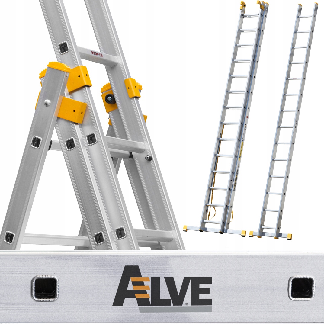 Drabina aluminiowa 3x14 Alve Forte Koła I Hak wyciągany trzeci element