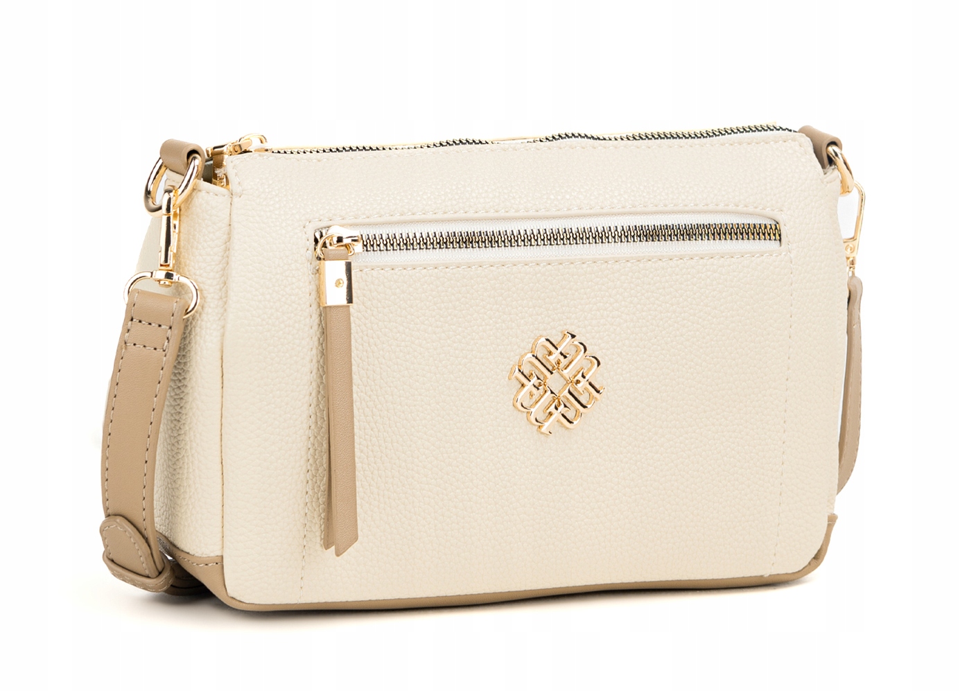 Monnari Beżowa zgrabna torebka listonoszka na długim pasku |Logo |Kieszonki