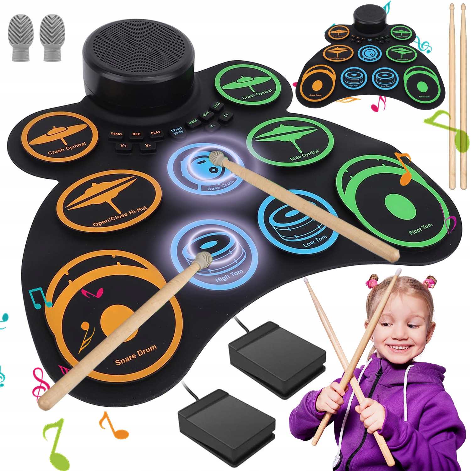 Rolovací Elektronická Bicí Souprava Roll Up Drum Skládací Pedály Paličky Trvanlivé