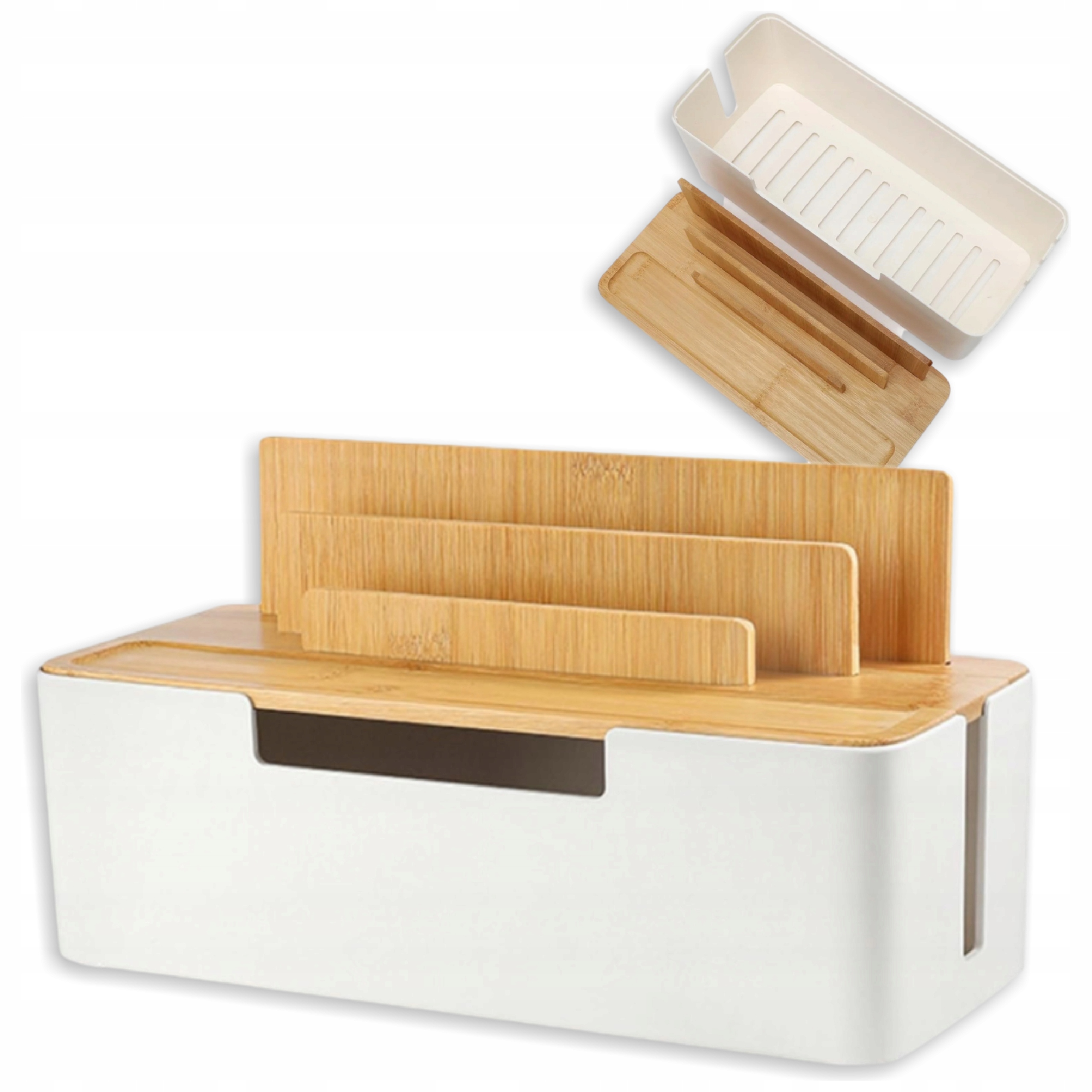 Organizer Pudelko Przewodow Na Kable Biale 30x13x16cm Abs Bambus