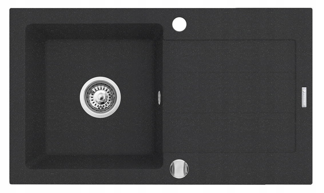 Jednokomorový granitový dřez s odkapávačem, zapuštěný do pracovní desky, černý