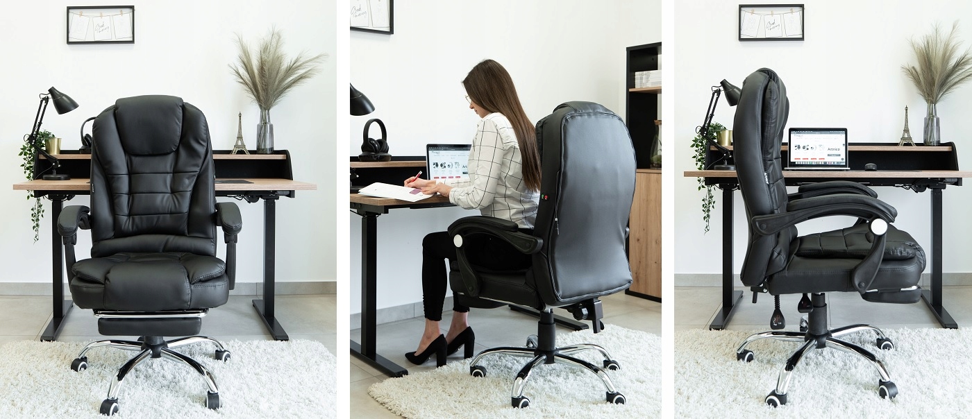 FOTEL BIUROWY OBROTOWY KRZESŁO BIUROWE MASAŻ PODNÓŻEK SIMO CZARNY + GRATIS Głębokość siedziska 43 cm