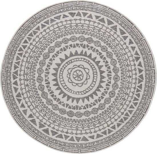 Kruhový koberec na terasu 200 cm, obojstranný, šnúrkový, šedo-krémový