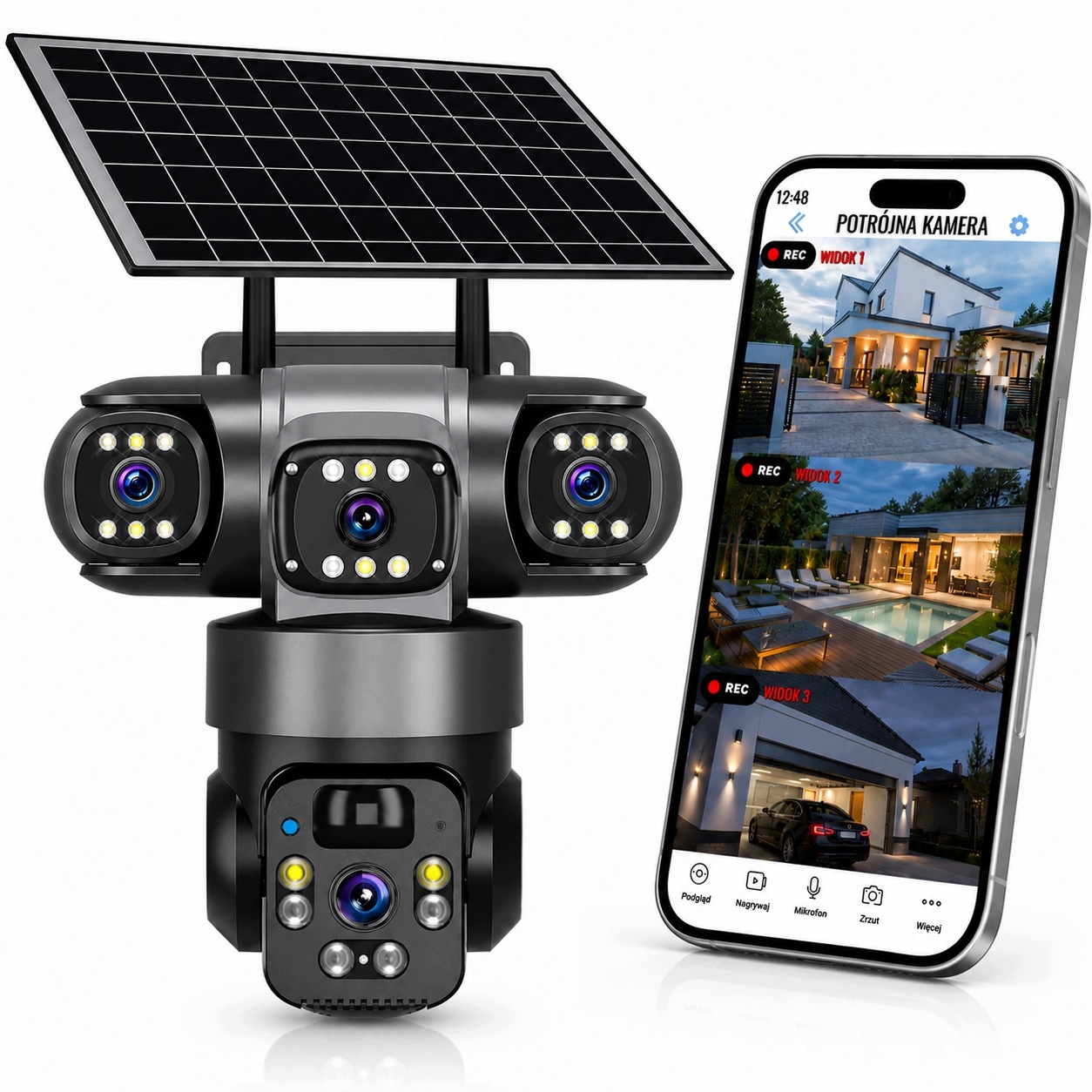 Solární Wifi Venkovní Kamera, Tři Objektivy Hd 3X3MP, Otočná