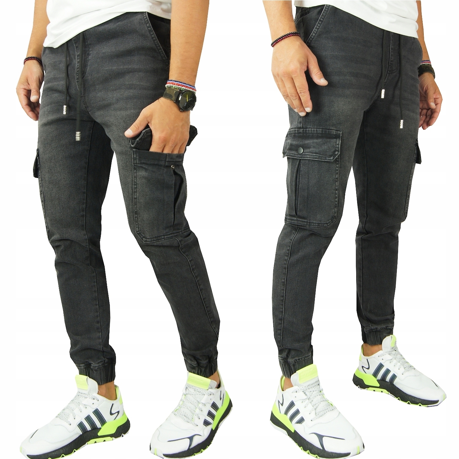 

Męskie Spodnie Joggery Bojówki Czarne jeans 007, L