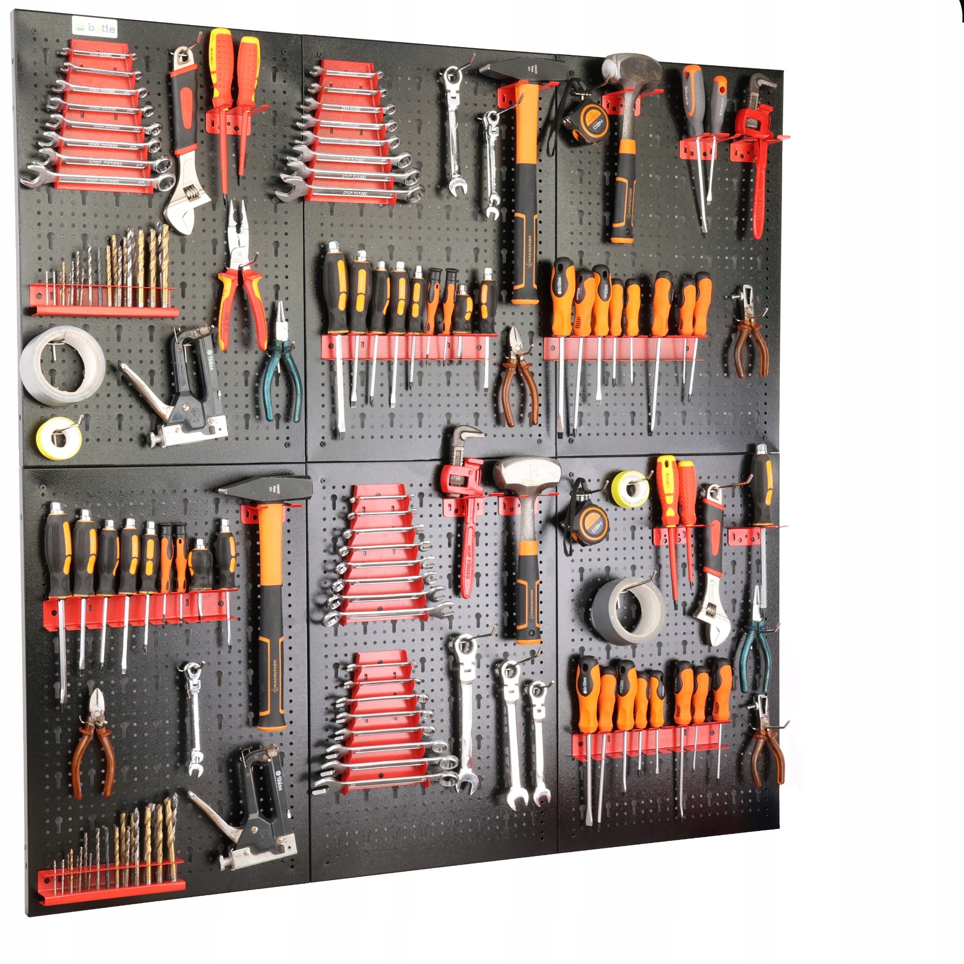 Dílenská tabule botle 120x120 cm kovová sada 44 úchytů a polic