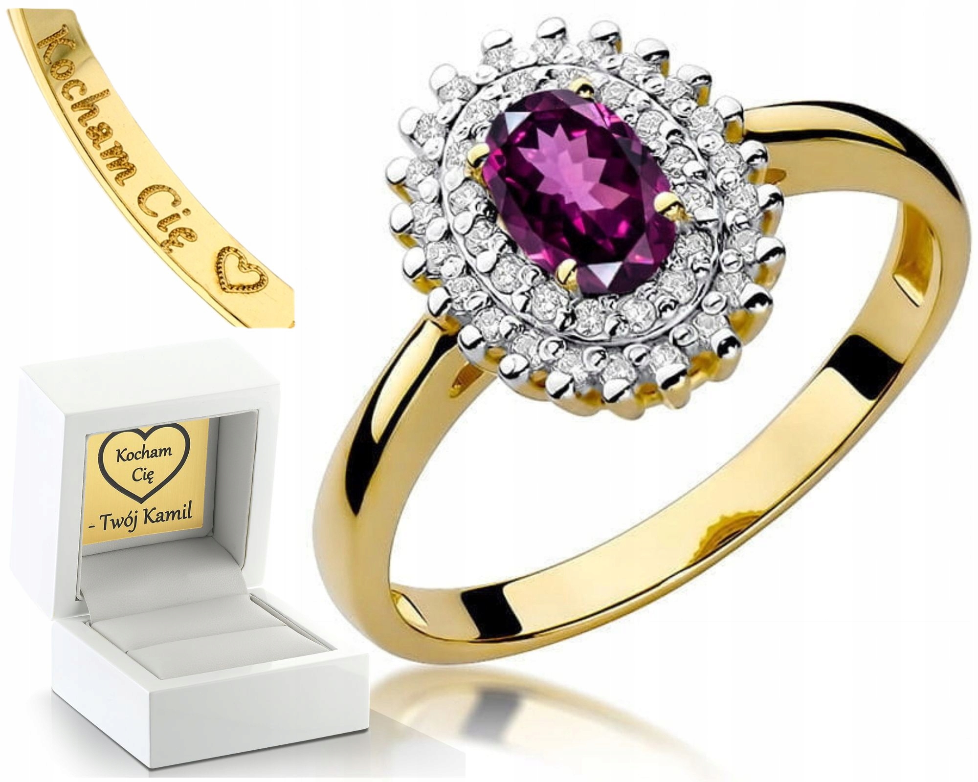 Prstýnek S Rodolitem A Brilianty, Žluté Zlato, Gravírování, 585 Dárek