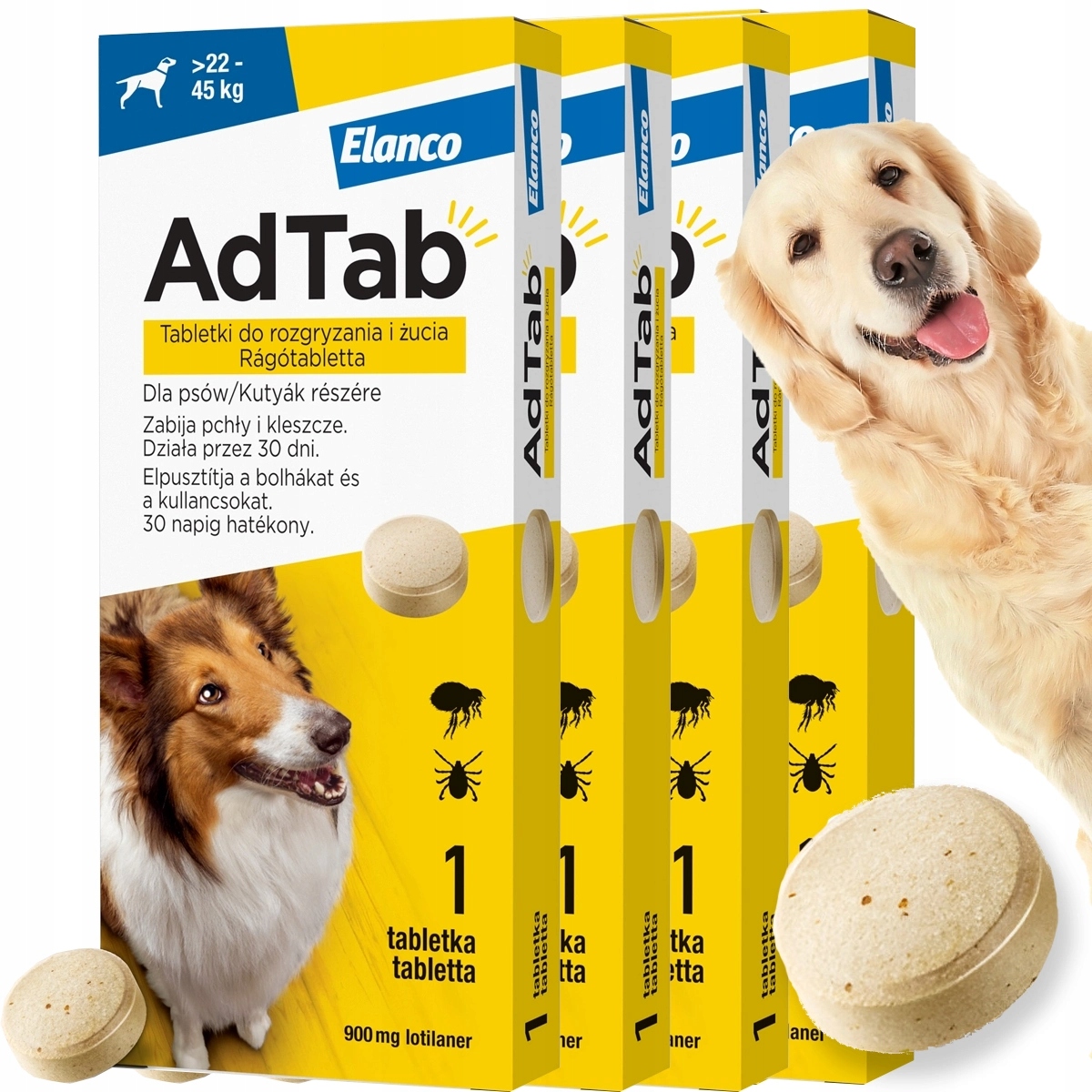 4 x Tabletka Ad tab dla Psa do 45 kg Kleszcze pasożyty Pchły na 120 dni