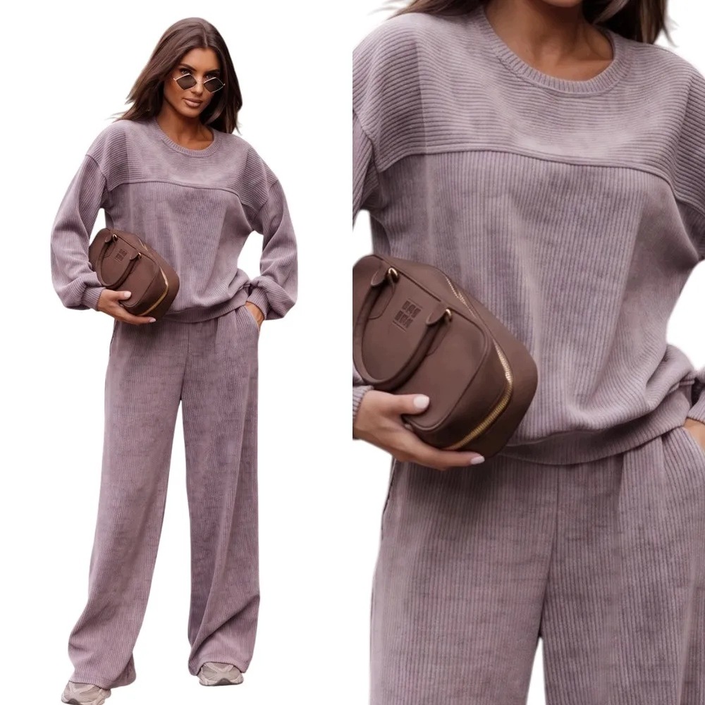 Dámský Teplákovka Komplet z manšestru, široké kalhoty, oversize mikina L/XL Béžová