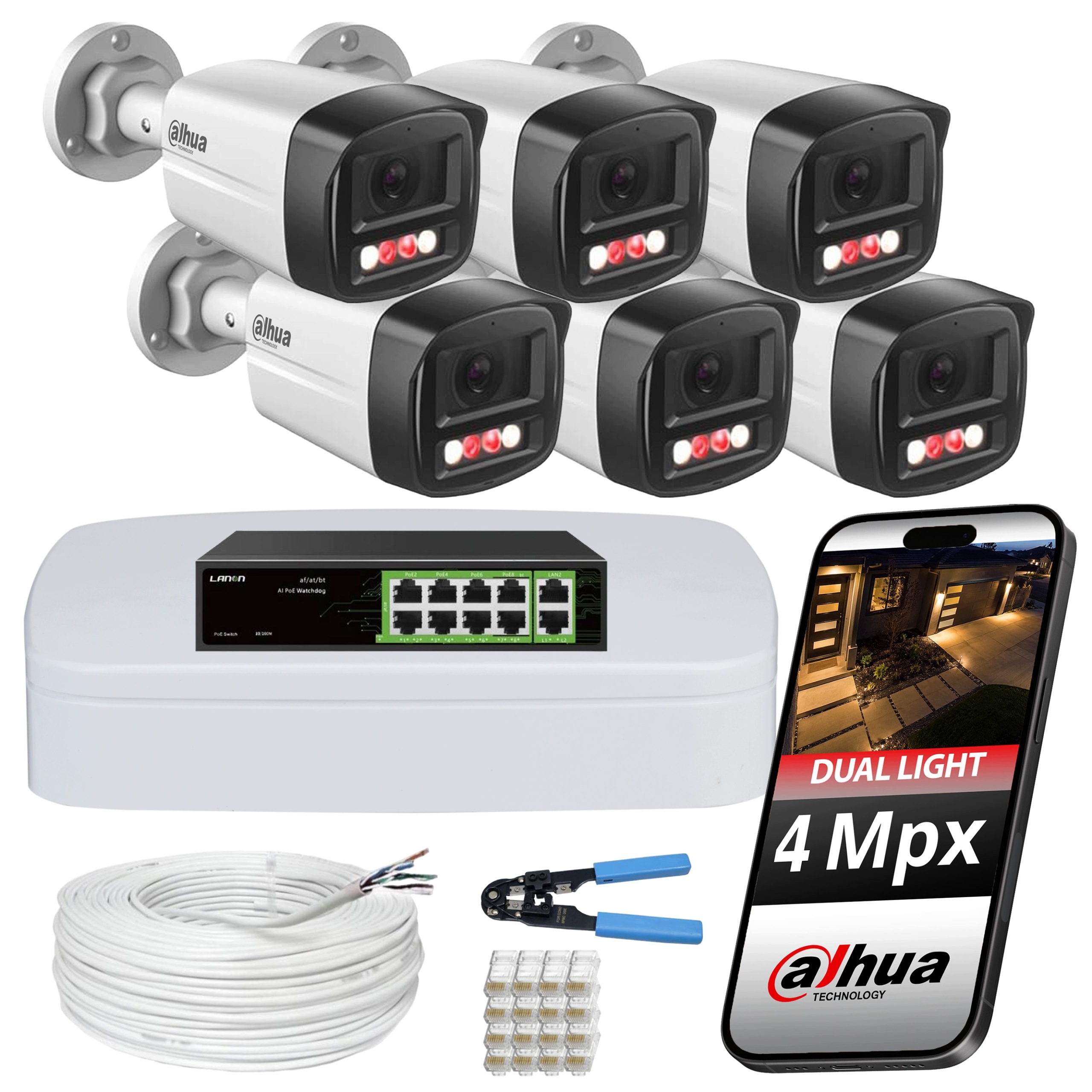 Sada monitorování 6 tubusových kamer Dahua 4Mpx Ip PoE switch barva v noci