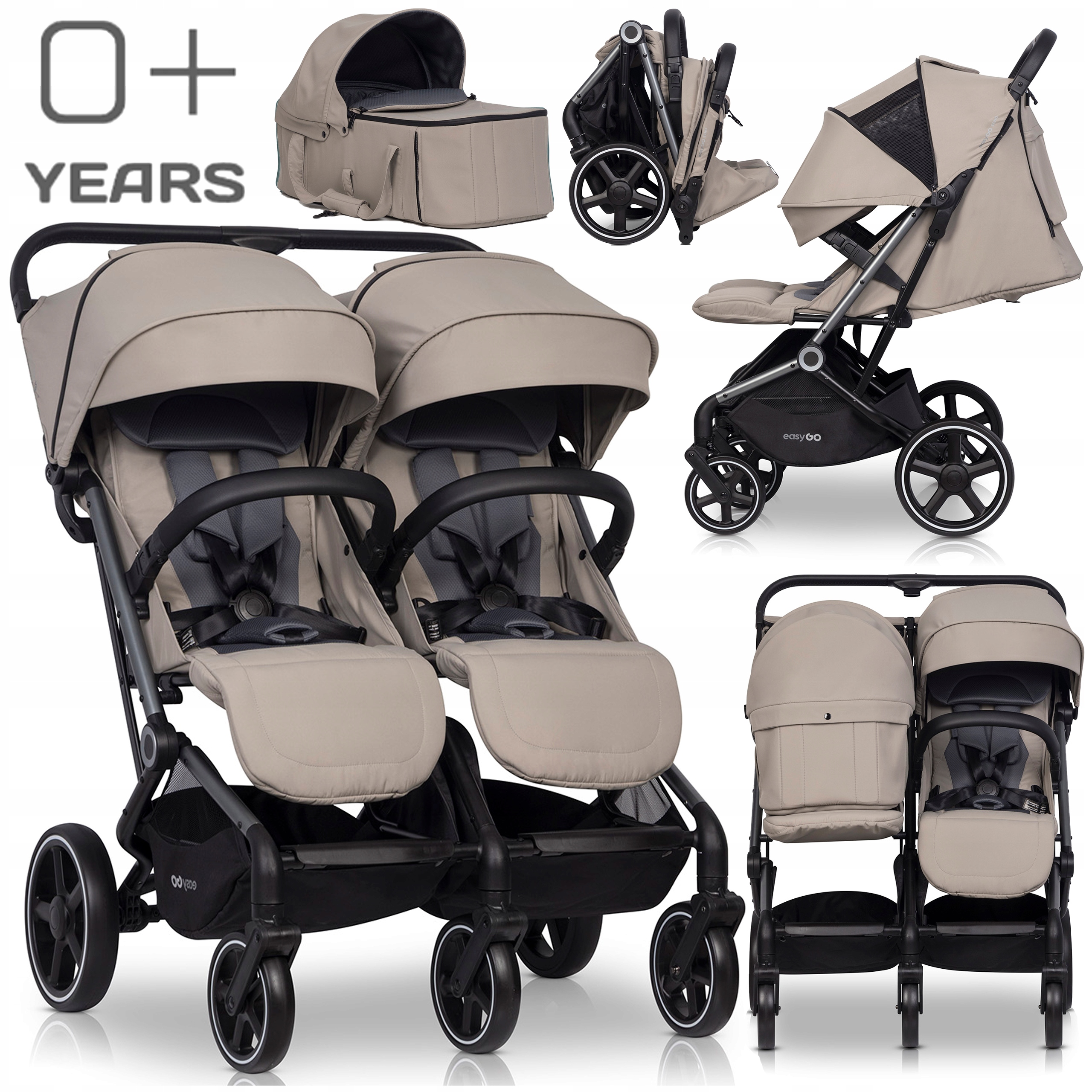 LEKKI WÓZEK SPACEROWY DLA BLIŹNIĄT ROK PO ROKU 0-44 KG + GONDOLA ZESTAW