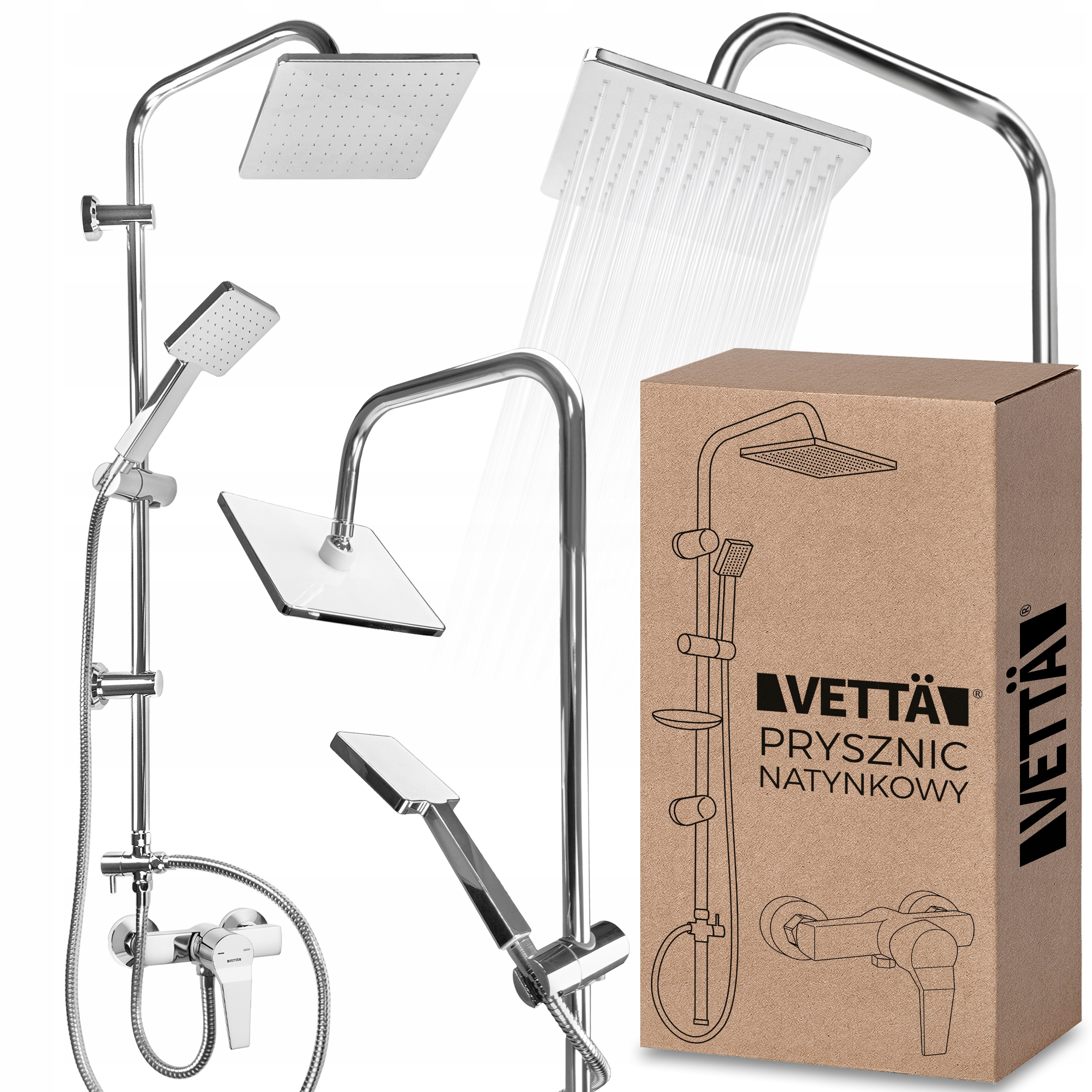 Deszczownica Zestaw prysznicowy chromowy Natrysk Prysznic Słuchawka Vettä