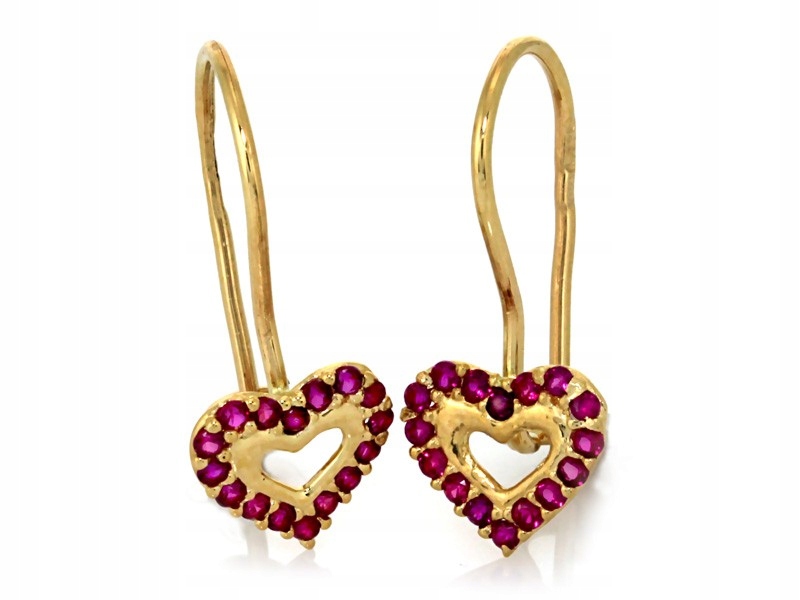 Náušnice zlaté 585 pro ženu na biglu srdce s červenými kameny